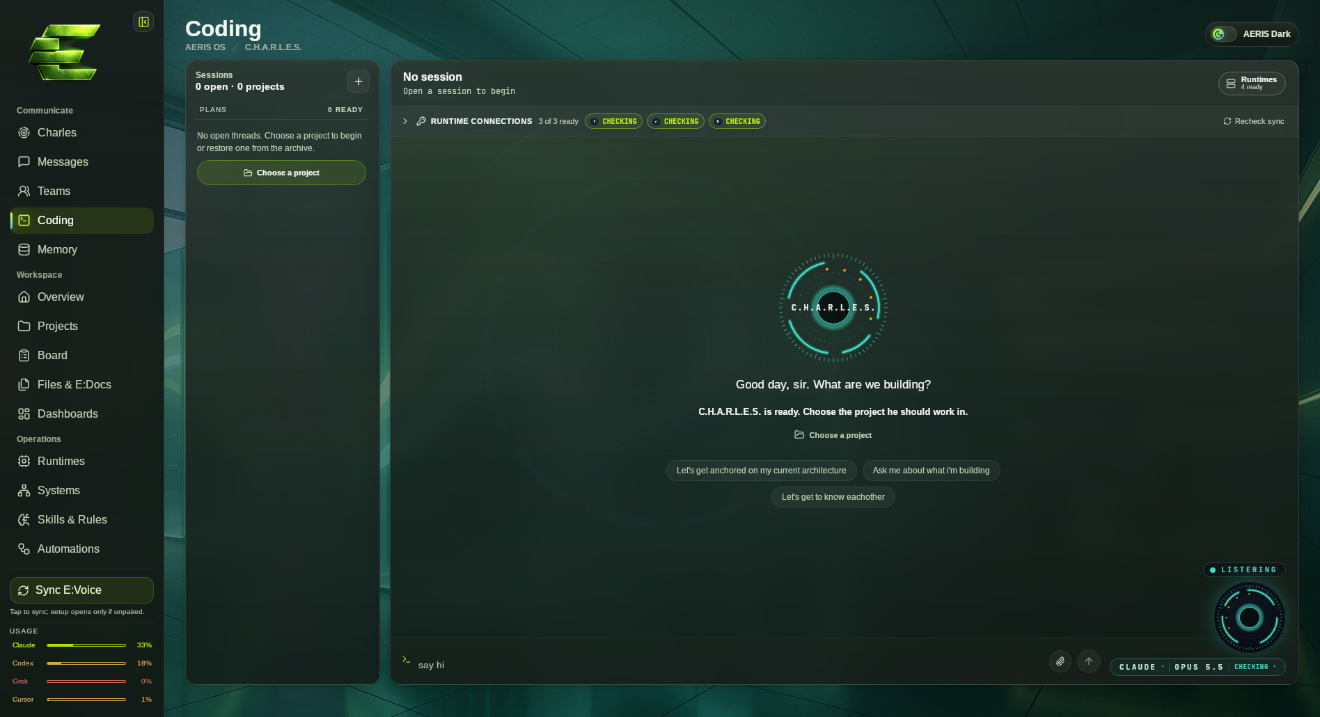 AERIS OS desktop with Charles, runtime connections, projects, team messages and usage trackers