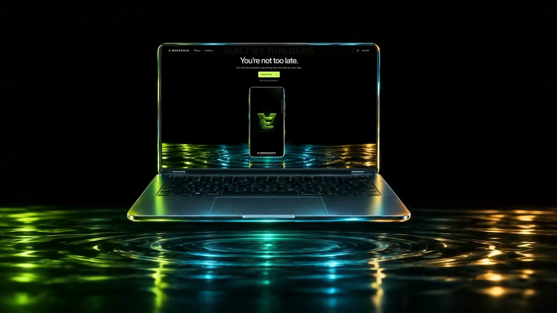 The E:Voice website displayed on the completed floating laptop