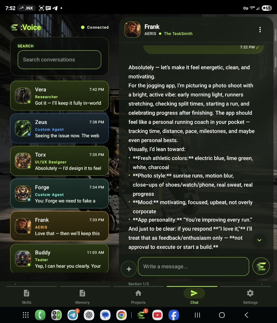 E:Voice landscape chat cockpit with color coded agents and Frank conversation