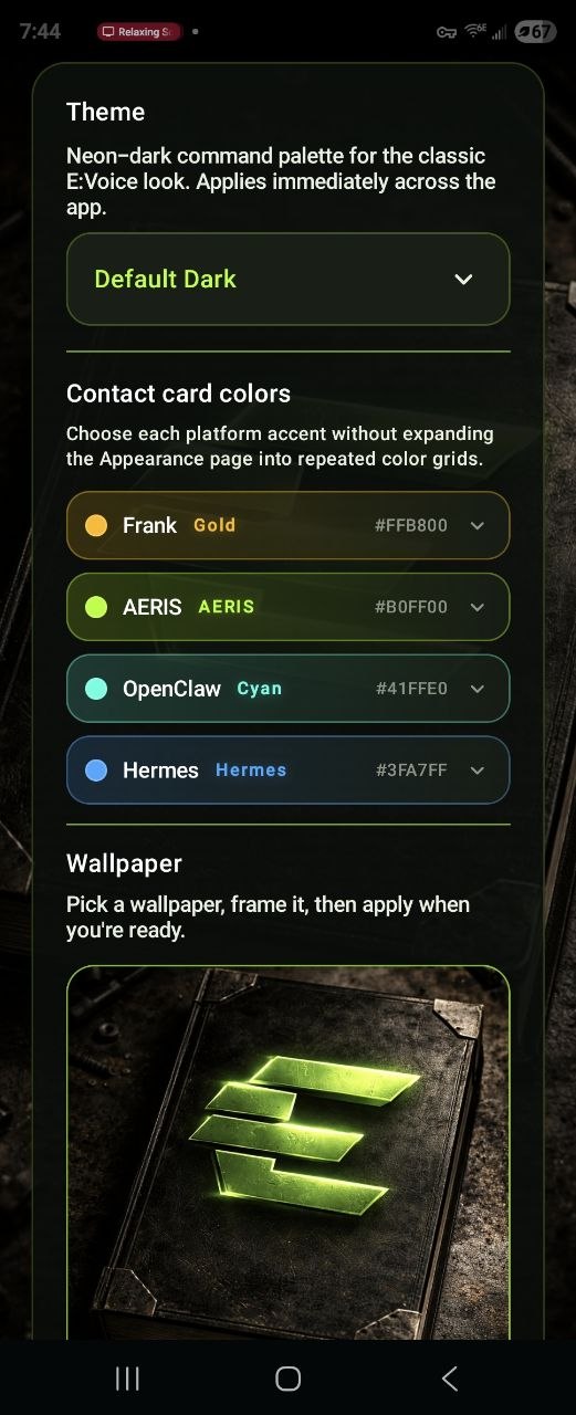 E:Voice theme maker with contact card colors and wallpaper