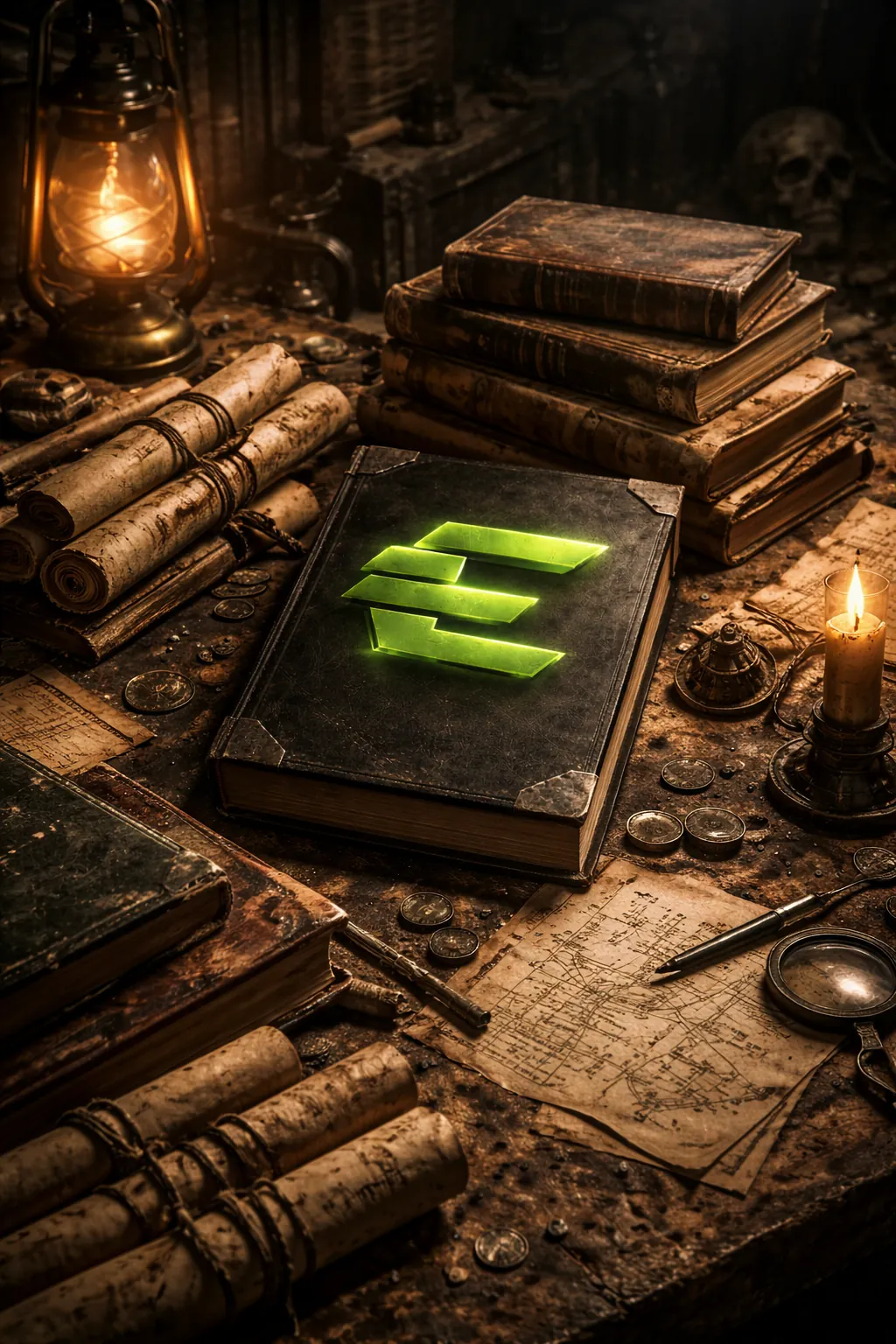 An old leather book with a glowing green E on its cover, on a desk of scrolls, coins, a lantern and a hand-drawn map.