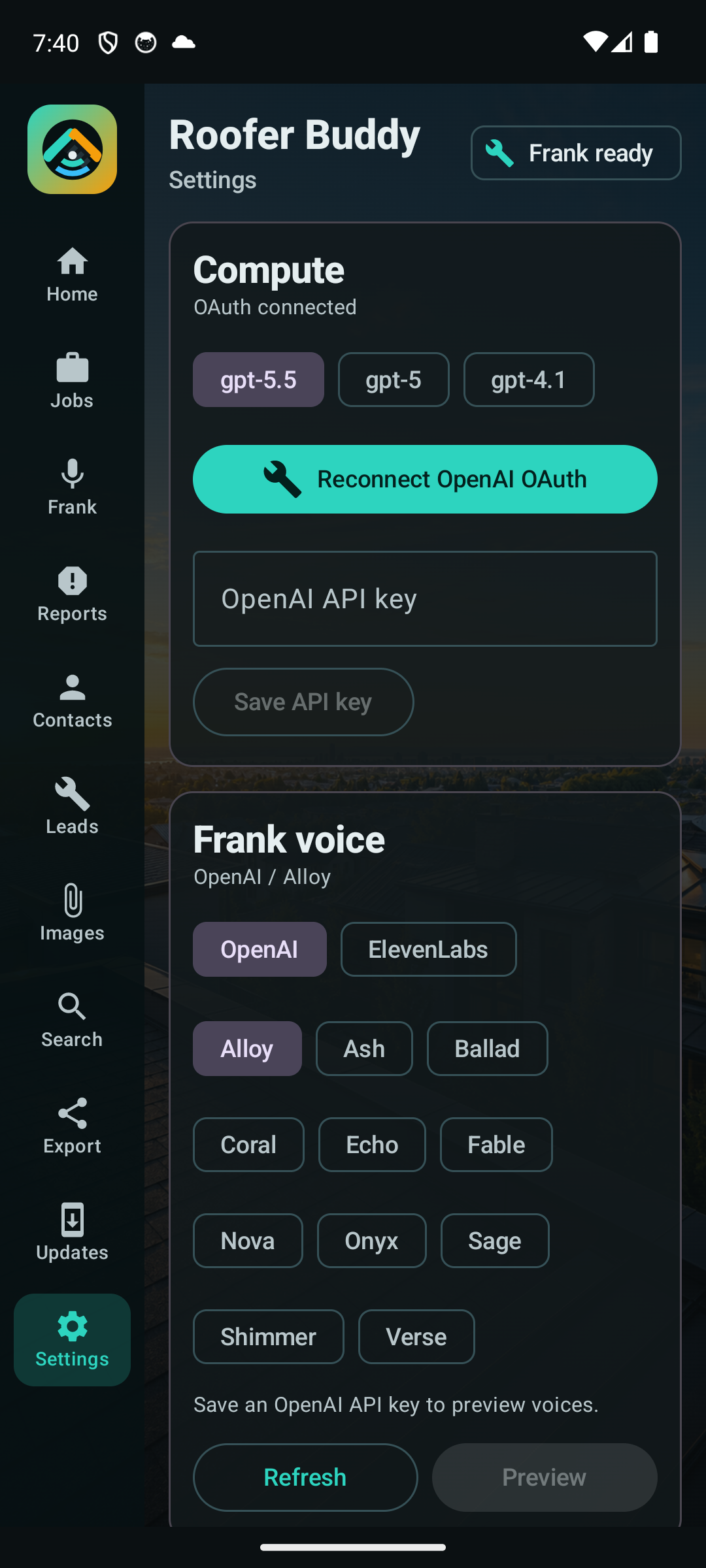 Roofer Buddy provider settings screen