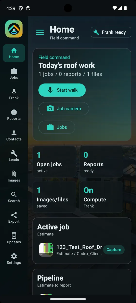 Roofer Buddy app home screen