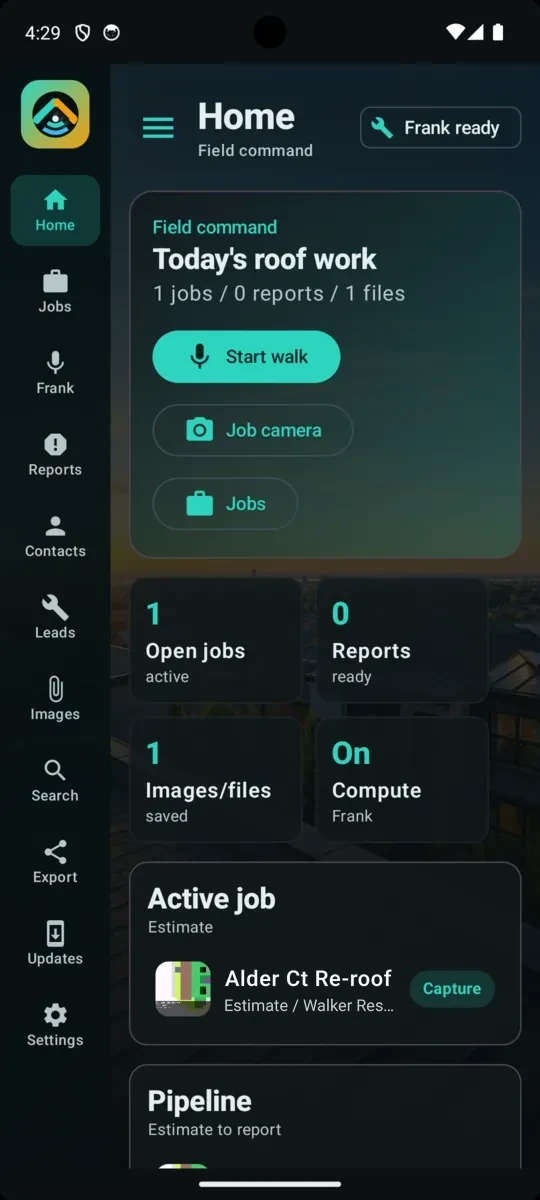 Roofer Buddy field command: today’s roof work with Start walk, Job camera and the active job