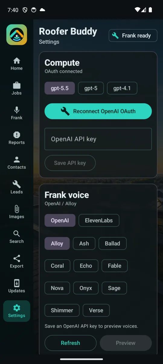Roofer Buddy settings screen showing provider compute, OpenAI connection, and Frank voice options